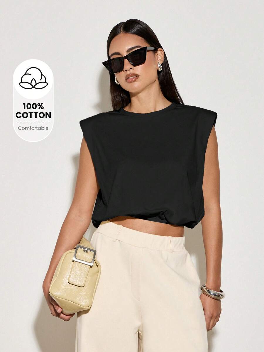 AiiRZ 无袖垫肩 T 恤泡泡下摆短款上衣现代简约基本款夏季休闲街头风格运动休闲时尚必备 - 黑色 - 查看 1