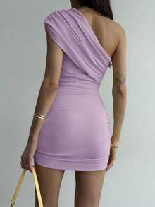 Aloruh Elegant Solid Color One Shoulder Mini Dress, Casual & Party Wear,Summer Dresses For Women - Purple - View 2