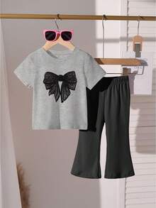 SHEIN 2 buc/set fete tinere, casual minimalist negru cu imprimeu fluturi, mânecă scurtă, guler rotund și pantaloni gri evazați, ținută la modă cu grafică desen animat drăguță pentru fete, potrivită pentru primăvară și vară - Multicolor - Vizualizare 6