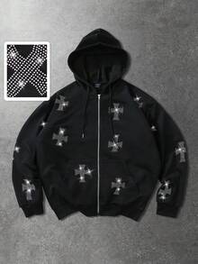ROMWE MEN Men's Rhinestone Cross Graphic Zip Front Drawstring Hoodie Sweatshirt - Black - View 1