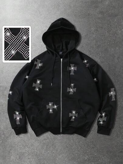 sweat-shirt à capuche zippé avec cordon de serrage et motif croix avec strass pour hommes