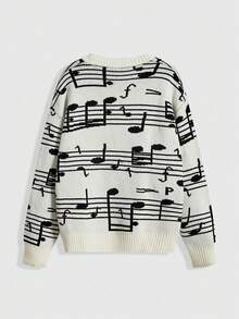 ROMWE MEN Street Life Men's Casual Drop Shoulder Crew Neck Musical Note Jacquard Knit Sweater - Black and White - View 2