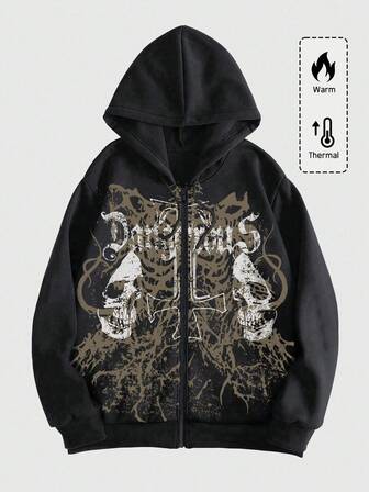 Goth Felpa con cappuccio e chiusura lampo, con stampa di lettere e teschio, manica lunga, da uomo