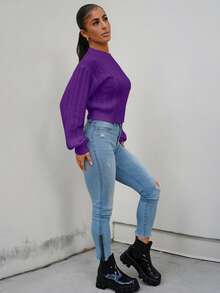 SAYEHFBABY Pulover casual cu mânecă tip felinar, culoare solidă, toamnă - Violet - Vizualizare 5