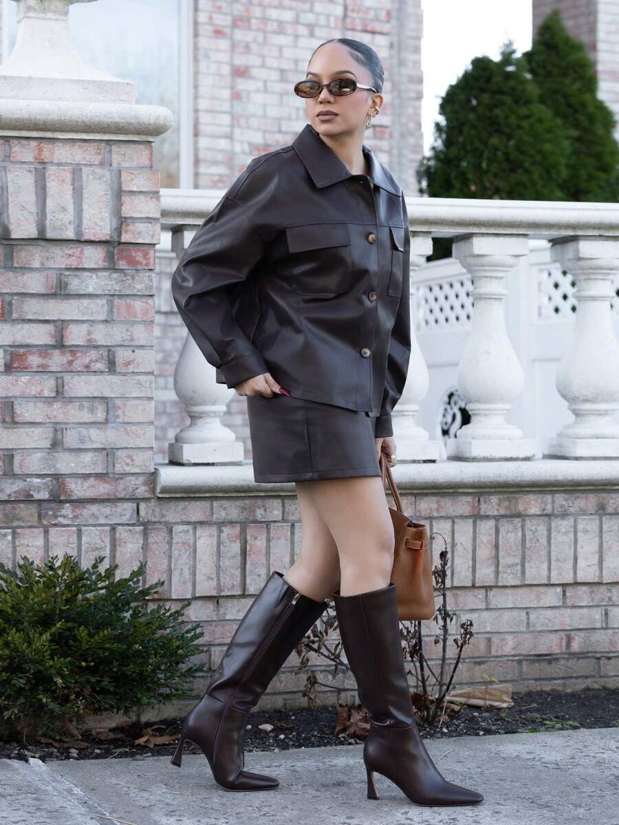 Melissa Matos 2 件套女士纯色前扣长袖口袋衬衫和 A 字裙 - 棕色 - 查看 1