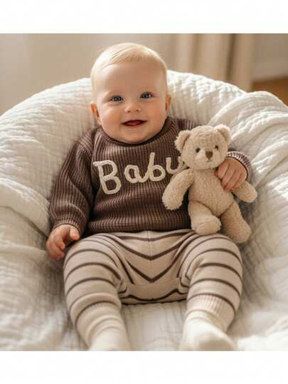 Loomiva Newborn Baby Boy/Girl Cartoon Letter Pattern Round Neck Drop Shoulder Sweater & Striped Pants Sweater Set, Suitable For Autumn/Winter, Indoor, Outdoor, Casual Versatile