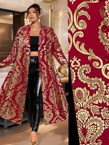 Cravure Áo khoác dài tay cổ bẻ in họa tiết lá kim loại cổ điển cỡ lớn, dáng chữ A, cài hai hàng khuy, thanh lịch cho tiệc tùng, đi chơi, tụ tập, ăn tối - Màu Đỏ Sâu - Xem 3