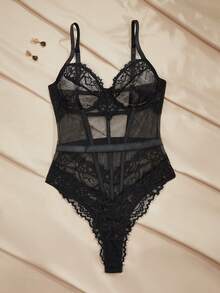 Charlaine 黑色蕾丝透视性感露背连体衣，舒适百搭，适合日常、办公、休闲穿着。 - 黑色 - 查看 8