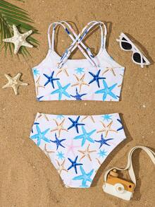 Conjunto de bikini para niñas preadolescentes, traje de baño de 2 piezas con tirantes cruzados y estampado de estrella de mar, adecuado para la playa y fiestas en la piscina - Celeste - Ver 2