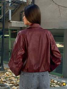 SHEIN TRNDY Women's Retro Lapel PU Leather Jacket, Casual Commuter Coat For Autumn/Winter - Burgundy - View 2