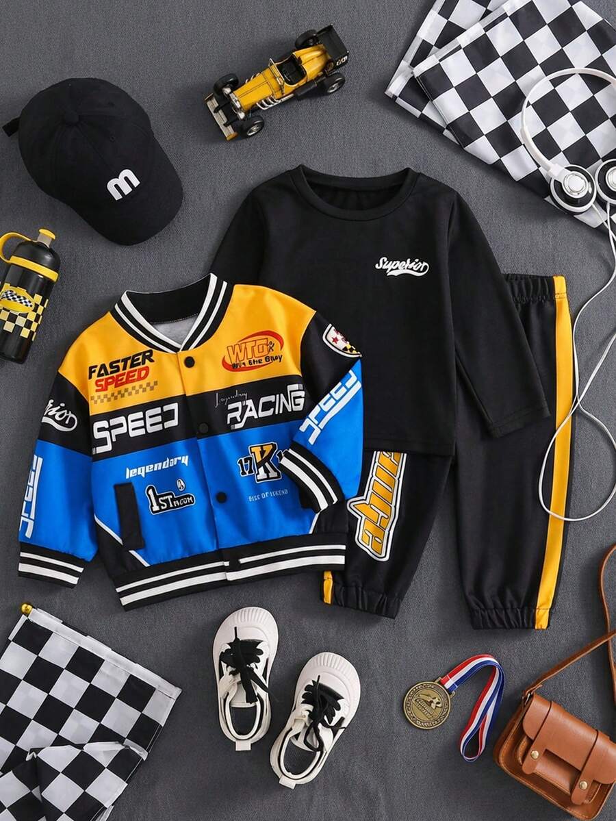 SHEIN 男婴秋冬装三件套：领口拉链长袖棒球夹克、字母印花长袖 T 恤、街头风格印花慢跑裤套装 - 彩色 - 查看 1