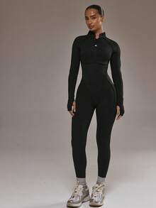 Musera Sport Contrast Piping Zip Through Open Back Fitted Long Sleeve Jumpsuit Padel Autumn Fall Winter Activewear Sport Gym Workout - Black - View 2