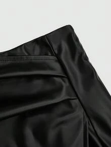 Sweetra Falda A-Line plisada asimétrica de cuero sintético (PU), cintura alta, elegante, para otoño/invierno - Negro - Ver 3