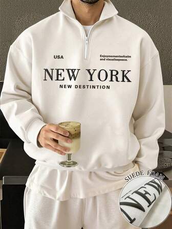Manfinity Hypemode New York Buchstaben Muster Reißverschluss Kragen Langarm Lässiger Oversize Pullover Sweatshirt für Männer, Geschenke für Väter, Männer Viertel Reißverschluss Sweatshirt