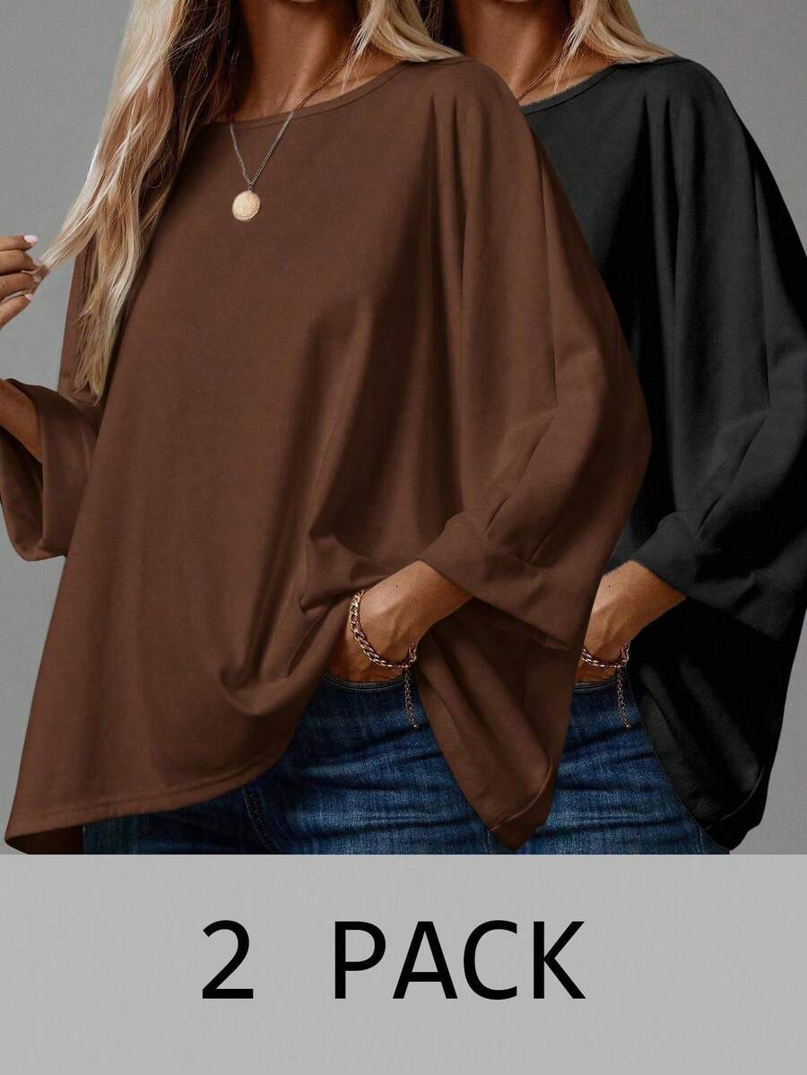 EMERY ROSE Plus Size Casual Jednokolorowy Luźny T-shirt z Okrągłym Dekoltem Długi Rękaw, Jesień Jesień Bluzki Damskie Bluzki Plus Size Skromne Bluzki Oversize Zestaw Koszulek Damskie/Zima 2 Zestawy Bluzek Damskie Bluzki - Wielokolorowe - Zobacz 1
