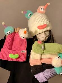 Zazumi New Style Funny Knitted Hat Windproof And Cold-Proof Ear Protection Hat, Hoodie Hat For Girls. Silly Hat, Autumn And Winter Knitted Hat, Cute Girls' Face Slimming Knitted Hat, Sausage Mouth Yarn Hat, Monster Hat - Multicolor - View 1