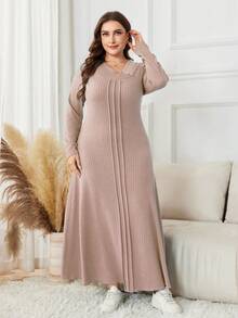 Lacomfia Plus Size Long Sleeve Solid Color Jacquard Knit Maxi Casual Dress - Pink - View 4