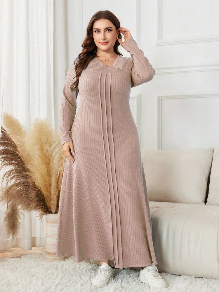 Lacomfia Váy Maxi Dệt Kim Jacquard Màu Trơn Tay Dài Cỡ Lớn Thường Ngày - Hồng - Xem 4