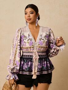 Travachic Áo sơ mi tay dài họa tiết hoa ren chắp vá cỡ lớn dành cho nữ, thanh lịch và lãng mạn - Nhiều màu - Xem 4