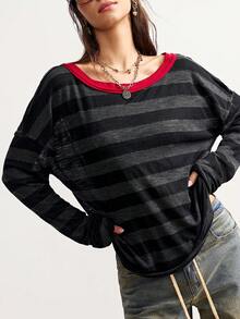 Bohemela Casual Knit Striped Asymmetric Shoulder Long Sleeve Loose T-Shirt For Women - Multicolor - View 4