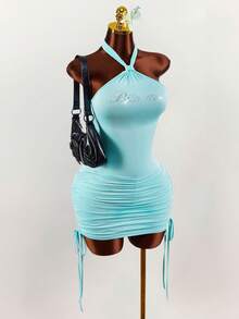 Amplova 2022新款水钻装饰无肩带无袖迷你连衣裙，街头风女装 - 藍色 - 查看 4