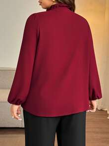 Vionelle Elegant Plus Size Burgundy Tie Neck Woven Fabric Raglan Extra-Long Sleeve Blouse Top - Burgundy - View 2