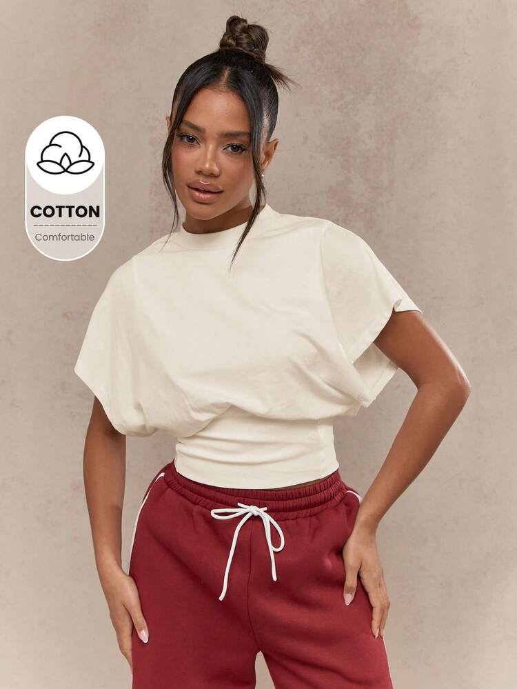 MISSGUIDED Oversized Balloon Sleeve Crop T-Shirt Casual Athletic Fashion Cinched Waist Workout Top Yoga Dance Studio Modern Contemporary Basic Essential