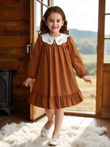 Vintaside Kids 1pc Girls' Ruffled Collar Embroidered Half-Placket Loose Fit Vintage Midi Dress, Apricot Color, Long Sleeve, Casual/Commute, Princess Style - Brown - View 1