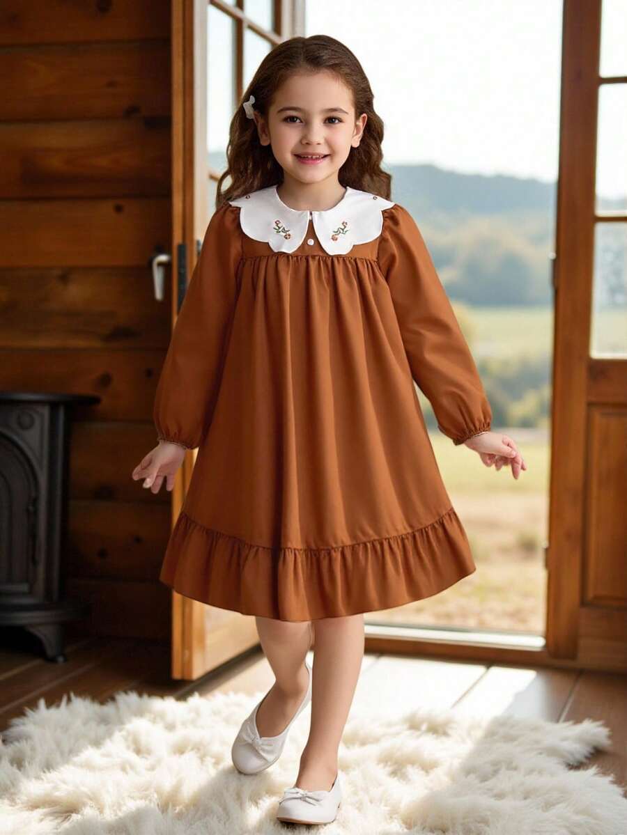 Vintaside Kids 1pc Girls' Ruffled Collar Embroidered Half-Placket Loose Fit Vintage Midi Dress, Apricot Color, Long Sleeve, Casual/Commute, Princess Style - Brown - View 1