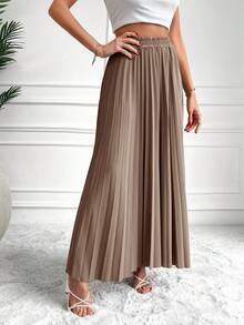 EURMUSE Solid Elastic Waist Pleated Skirt - Brown - View 3