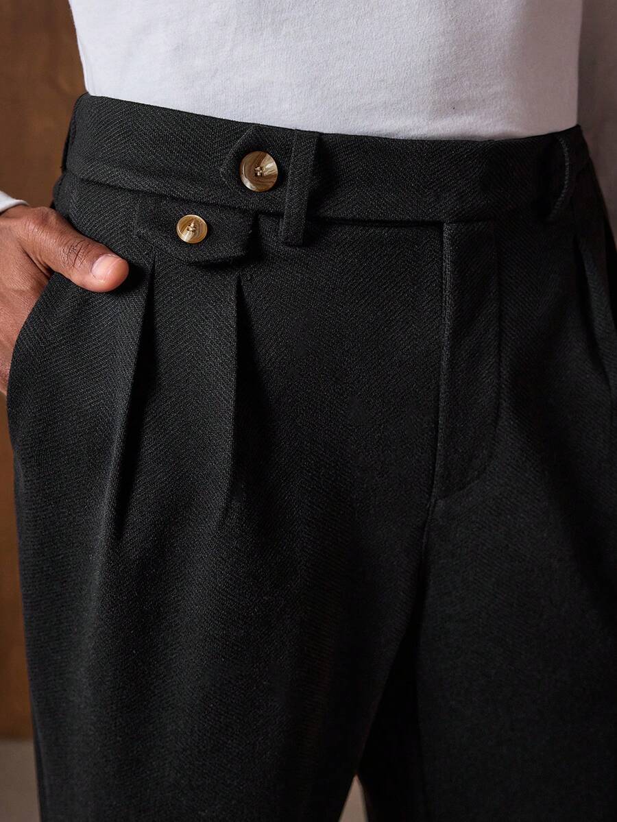 Business Casual 男士褶裥直筒宽松羊毛混纺西裤 男士黑色西裤 男士褶裥西装裤 裤装配饰 - 黑色 - 查看 1