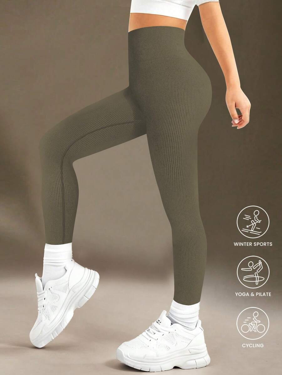 SHEIN Quần legging thể thao lưng cao liền mạch có gân cho bé gái tuổi teen - Quần legging mềm mại như làn da thứ hai, nhanh khô, thoáng khí, co giãn 4 chiều, dùng để chạy bộ, đạp xe, tập yoga, bóng chày, thường ngày, màu đen - Màu xanh Ô liu - Xem 1