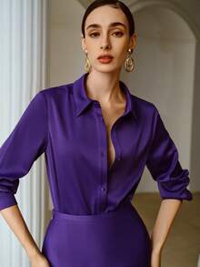 ZEYLAH Elegant Minimalist Fitted Basic Shirt, Spring/Summer - Violet Purple - View 6