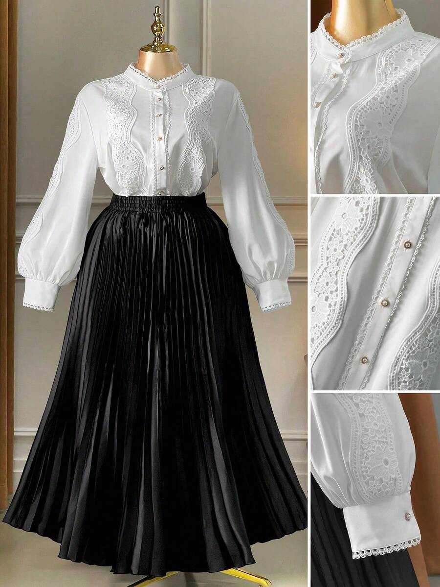 SHEIN Clasi Plus Size Women's New Elegant Versatile Loose Design Lace Patchwork Lantern Sleeve Single-Breasted Blouse - White - View 1