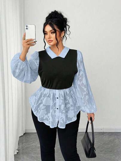Elenzga Plus Size Women's Chiffon Cutout Classic Black & White Contrast Color 2 In 1 French Retro Puff Sleeve Blouse