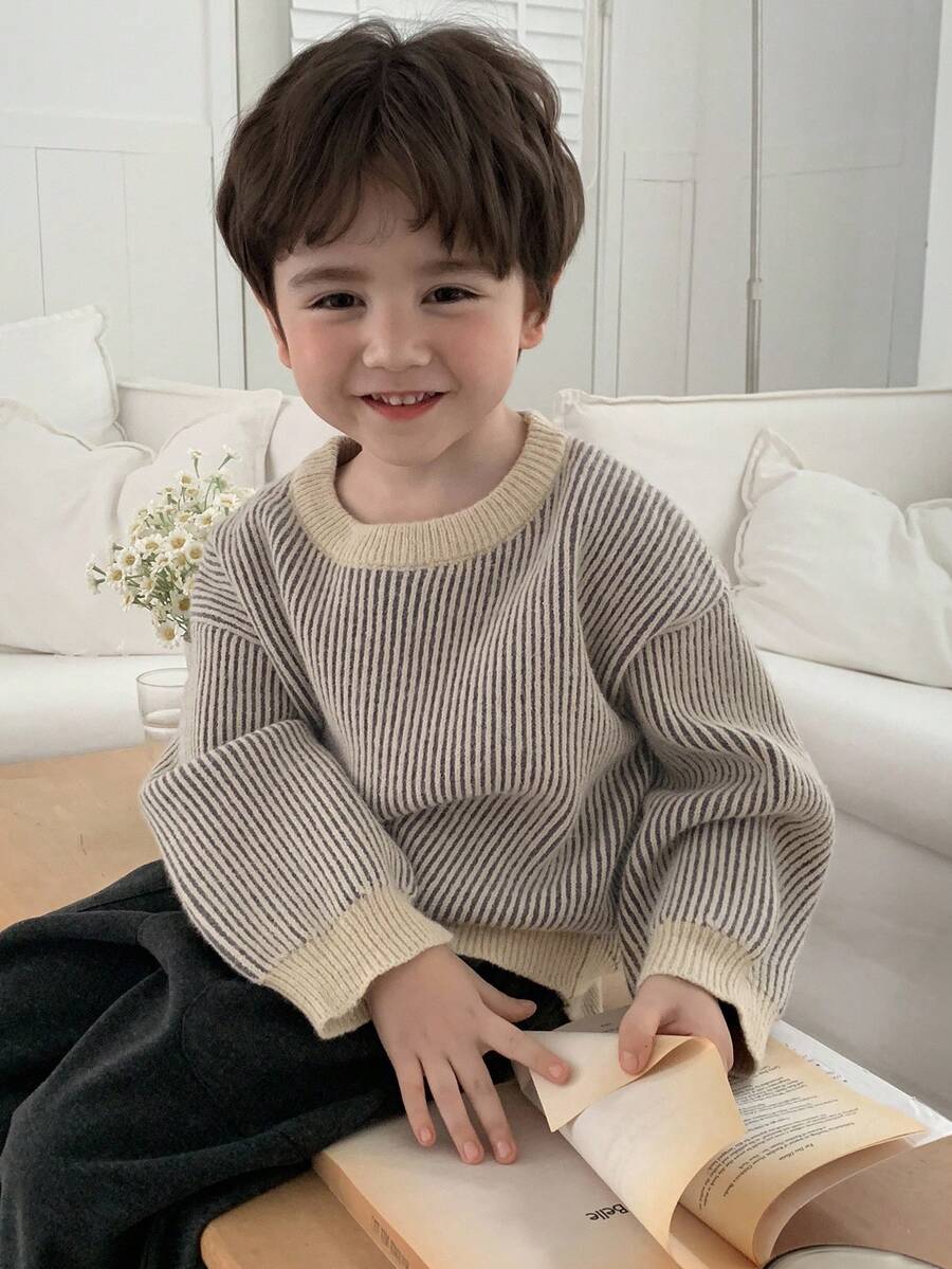 DAZY 幼儿男童宽松休闲条纹针织毛衣，基本款圆领长袖，秋季款 - 灰色 - 查看 1