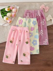 SHEIN 3件套女婴休闲草莓蝴蝶结花朵图案毛绒裤 - 彩色 - 查看 3