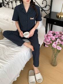 Women's Simple Fashion Classic Plaid Embroidered Dog Short Sleeve Top And Pants 2 Pieces Pajama Set Checkered Pajama Set 2 Piece Pj Set Button Up Pajama Set Pyjama Women Cute Pj Set