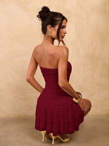 SHEIN BAE Solid Yellow Cream Ruched Bodycon Ruffled Hem Mini Dress, Cute Summer Dress, Brunch Dress, Yellow Dress - Burgundy - View 2