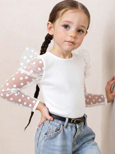 Young Girl Solid Color Round Neck Contrast Mesh Gigot Sleeve Casual T-Shirt