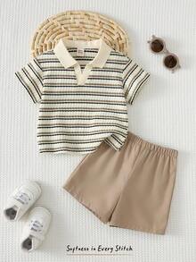 Cozy Pixies 2件套男婴卡通动物图案针织柔软圆领长袖套头卫衣和松紧腰裤套装 - 卡其色 - 查看 4