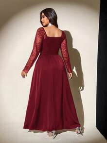 Viva Relle Robe midi évasée en satin à manches longues avec encolure drapée, patchwork de dentelle et découpes, taille noire. Robe maxi élégante vintage pour soirée décontractée