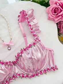 Water-Soluble Lace Trim Sweet Women's Bra, Ruffled Strap Sexy Lingerie Valentine's Day Bra With Ruffles Flower Bra Lingerie Set Pink Cute Bra Set Ruffle Lingerie Home - Pink - View 4