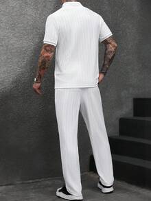 Manfinity CasualCool 男士短袖纹理面料 Polo 衫和裤子套装，适合居家、派对穿着，夏季运动套装，白色两件套，男士针织套装，男士套装，男士夏季运动服，男士白色两件套裤子套装，复古风格，日常休闲，周末旅行，户外活动，探险旅行，轻松的工作环境或半正式场合，男友/丈夫礼物，周年纪念/生日礼物，派对，暑假，新年，婚礼，情人节 - 白色 - 查看 2