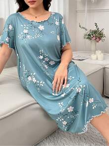 Plus Size Flower Printed Short Sleeve Sleep Dress Pajama Dress, Moo Moo - Green - View 3