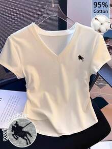 SHEIN BASICS Casual Minimalist Horse Logo Graphic Embroidered V-Neck Ruched T-Shirt. Suitable For Women, Summer, Going Out, Old Money, Casual, Formal Occasions, Everyday Wear, School, Sports, Gym. - White - View 8