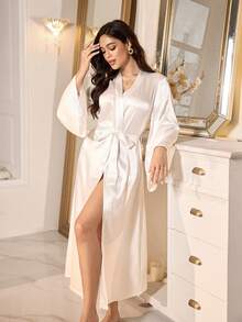 LuxeNights Mature Elegant Long Sleeve Long Robe, Romantic French Style Graceful Autumn Robe, White Ladies Sleepwear Bride Robe White Satin Robe Wedding Robe Bridal Robe Satin Robes For Women - White - View 5