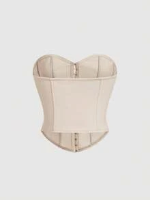 SHEIN Tall CURVE Áo ống đen chất liệu da PU trang trí nút bấm phía trước cỡ lớn - Màu be - Xem 5