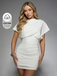 MISSGUIDED 褶皱T恤迷你连衣裙修身紧身派对晚宴夜店装短袖高领垂褶设计 - 白色 - 查看 1
