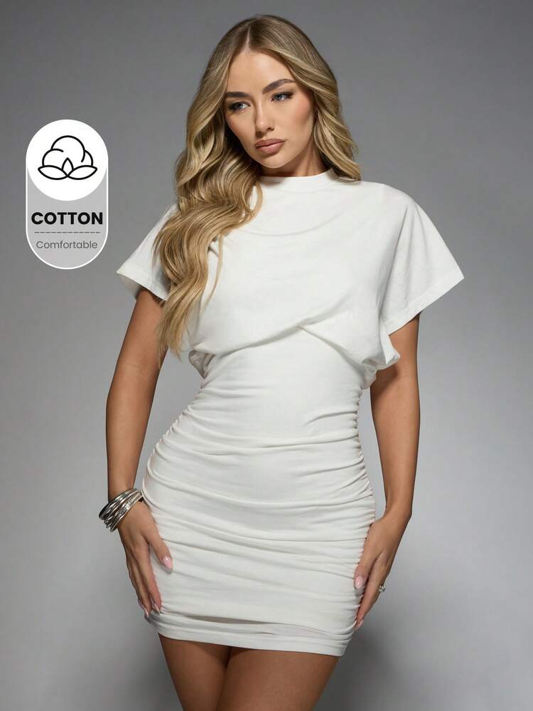 MISSGUIDED Ruched T Shirt Mini Dress Form Fitting Bodycon Party Evening Clubwear Short Sleeve Mock Neck Draped Design